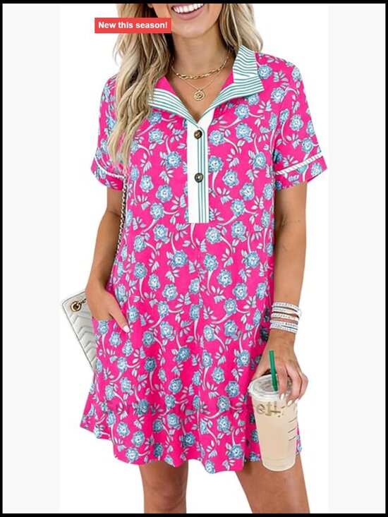 Dresses & Skirts - Floral Mini Shirt Dress Short Sleeve Collared Button Down Summer Beach